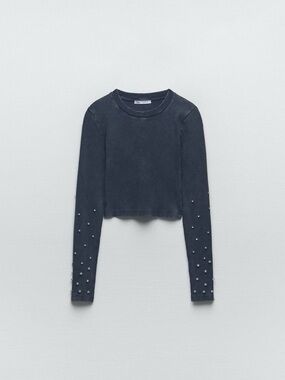 ZARA NWT Cropped Long-Sleeve Knit Top with Bejeweled Sleeve Embellishments Blue
